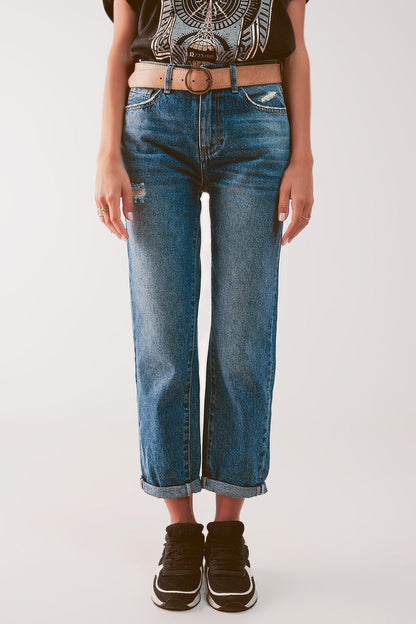 High waist jean with thigh slash in midblue - Denim