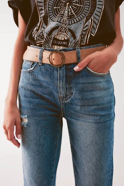 High waist jean with thigh slash in midblue - Denim