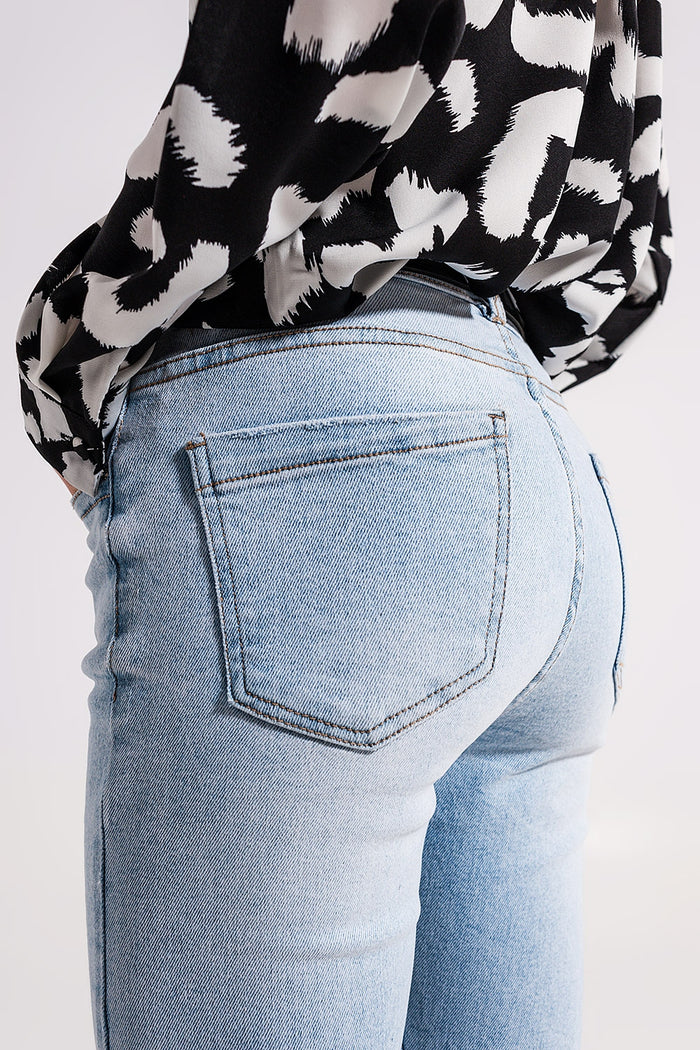 High waist jeans with slit hem in vintage wash - Denim