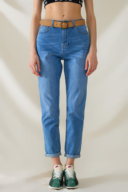 High Waist Mom Jeans In Mid Wash Stretch Denim - Denim
