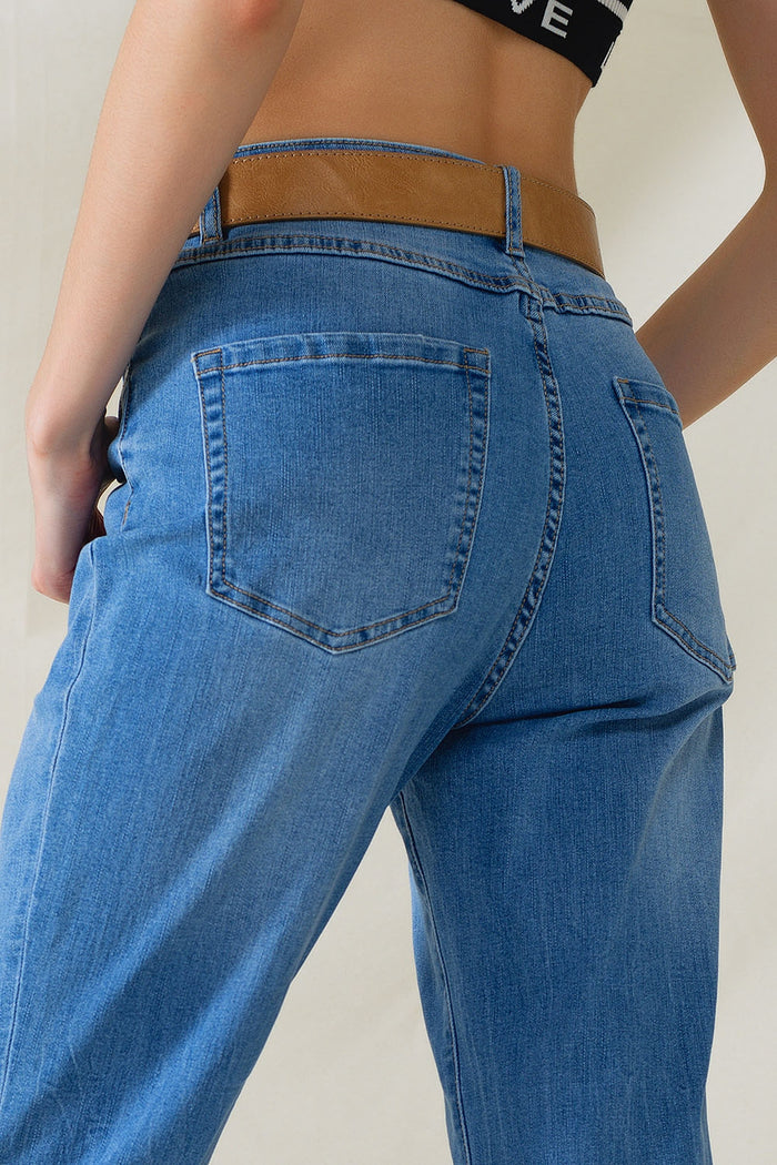High Waist Mom Jeans In Mid Wash Stretch Denim - Denim