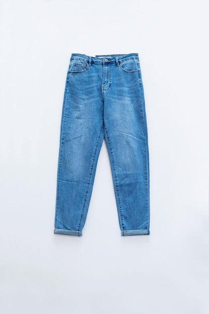High Waist Mom Jeans In Mid Wash Stretch Denim - Denim