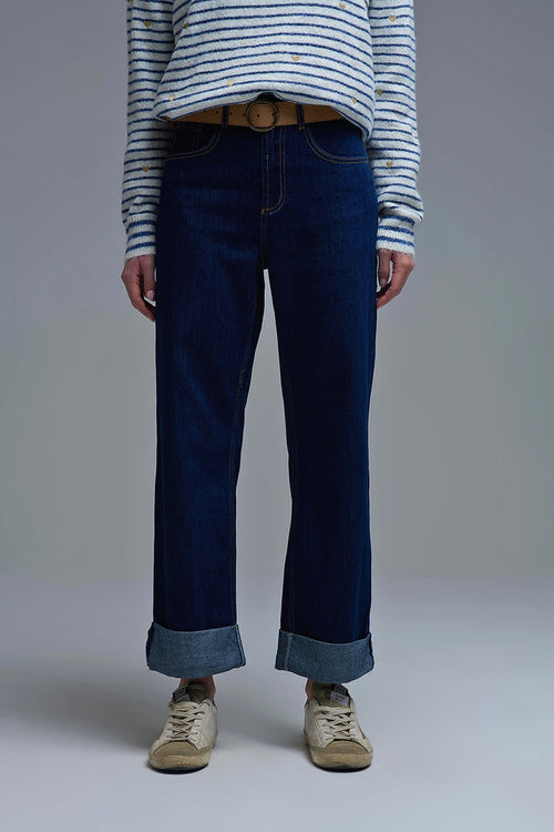 High-Waisted Dark Blue wide leg Jeans with Folded Hems - Denim
