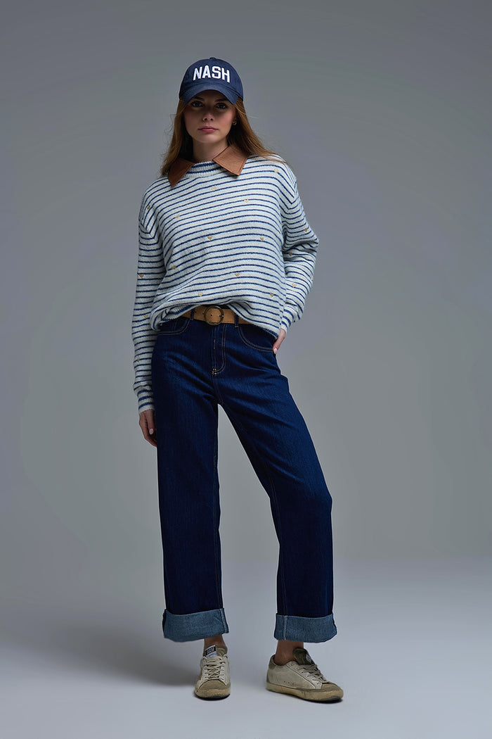 High-Waisted Dark Blue wide leg Jeans with Folded Hems - Denim