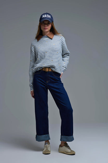 High-Waisted Dark Blue wide leg Jeans with Folded Hems - Denim