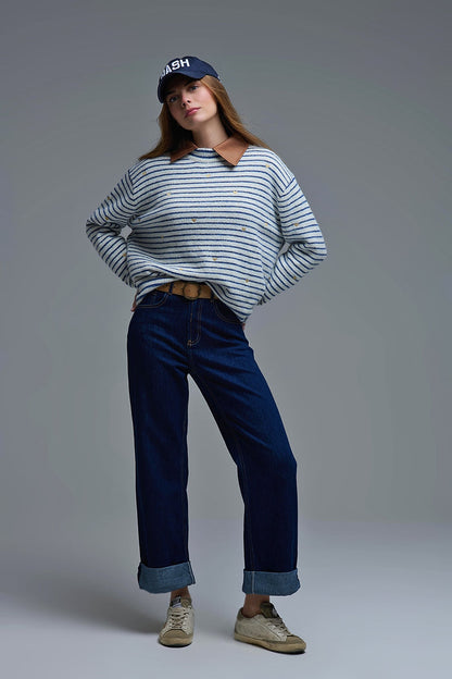 High-Waisted Dark Blue wide leg Jeans with Folded Hems - Denim