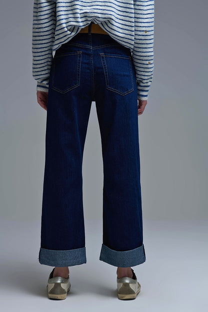 High-Waisted Dark Blue wide leg Jeans with Folded Hems - Denim