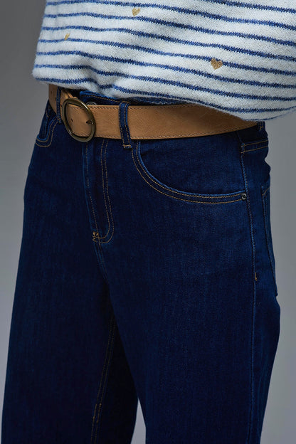 High-Waisted Dark Blue wide leg Jeans with Folded Hems - Denim