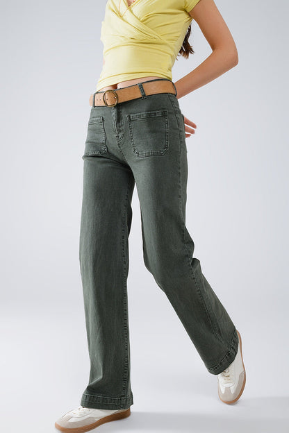 high waisted front pockets flare jeans in dark khaki - Coloured Jeans