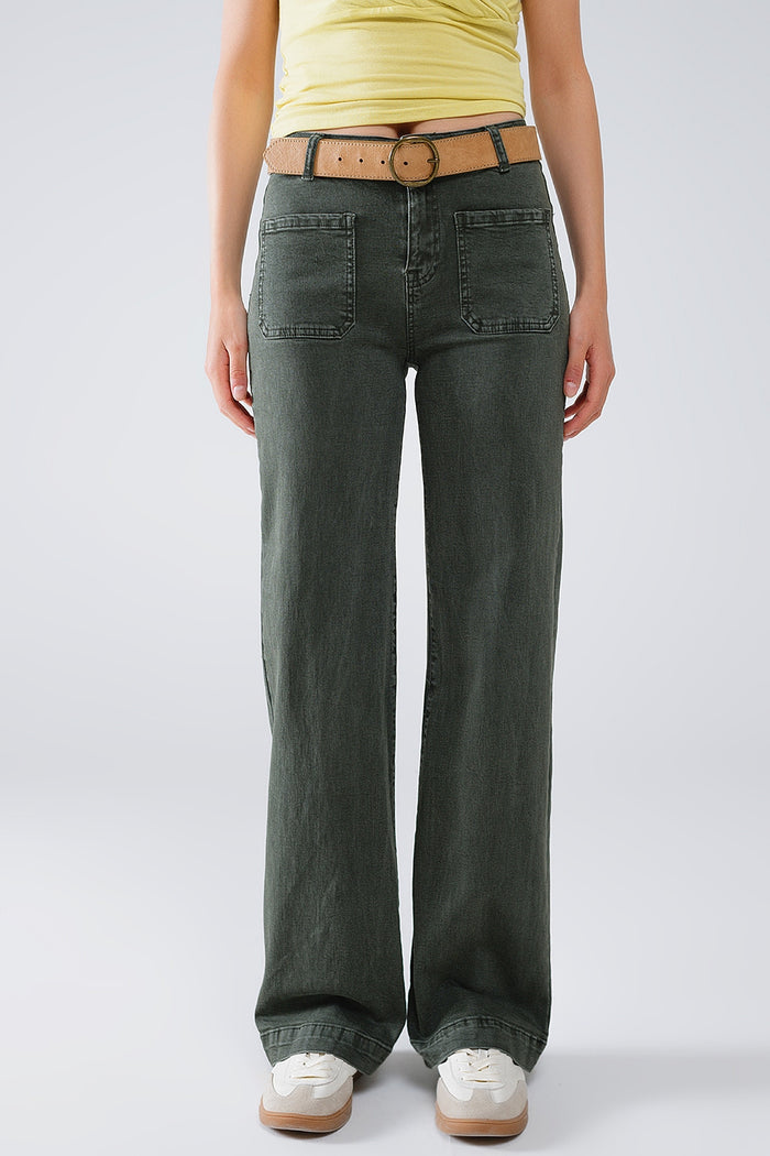 high waisted front pockets flare jeans in dark khaki - Coloured Jeans