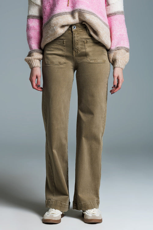high waisted front pockets flare jeans in kakhi - Coloured Jeans