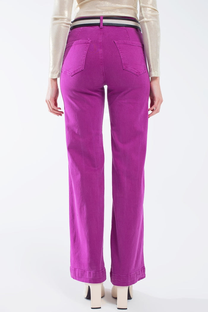 high waisted front pockets flare jeans in magenta - Coloured Jeans