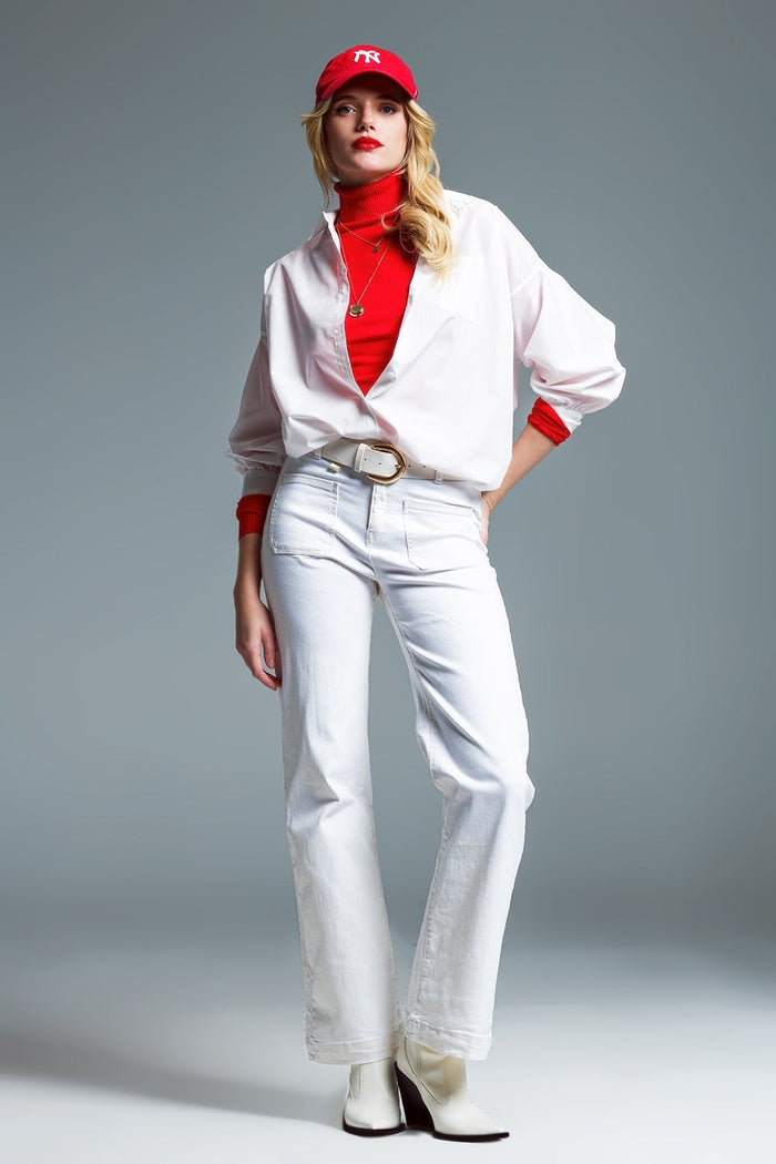 high waisted front pockets flare jeans in white - Coloured Jeans