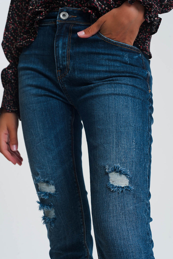 High waisted skinny jeans in dark wash blue with ripped details - Denim