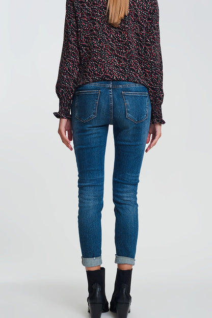 High waisted skinny jeans in dark wash blue with ripped details - Denim