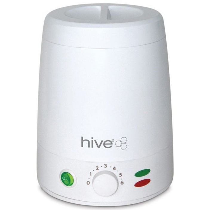 Hive Neös 500cc Wax Heater in a white compact design with adjustable temperature control dial, removable 500cc wax pot and power indicator lights, displayed on a clean white background. Professional electric wax warmer for salon and home hair removal treatments.