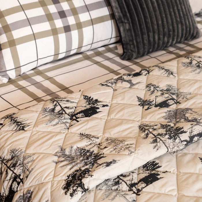 3-piece winter bed set: quilted comforter with tree sketch print, striped pillows
