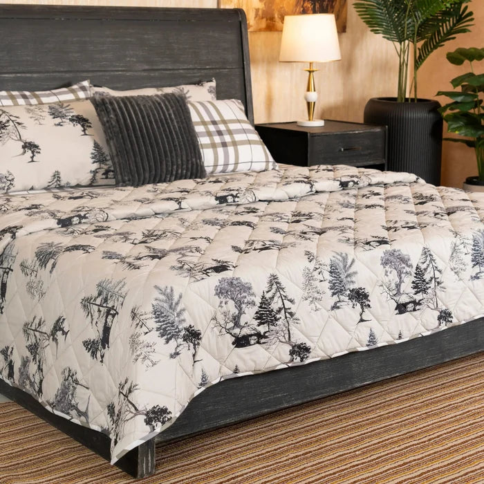 3-piece winter bed set: tree sketch quilt with plaid pillow and dark ribbed accent