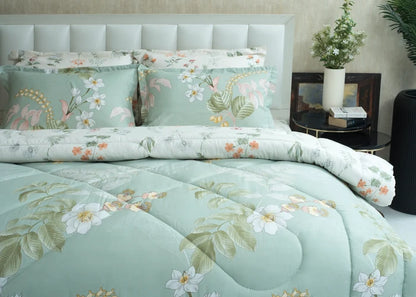 Mint green cotton comforter set with tropical floral print, matching pillows