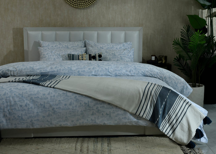 Nautica light blue printed duvet cover set with matching shams and navy striped border