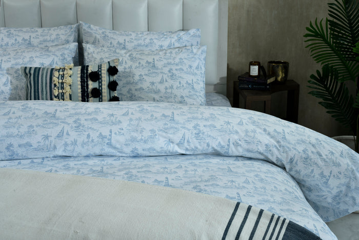 Nautica duvet cover set in light blue with all-over print and navy striped detail