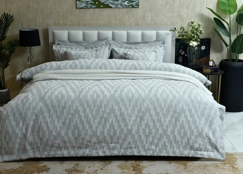Grey duvet cover set with textured geometric pattern and matching pillow shams