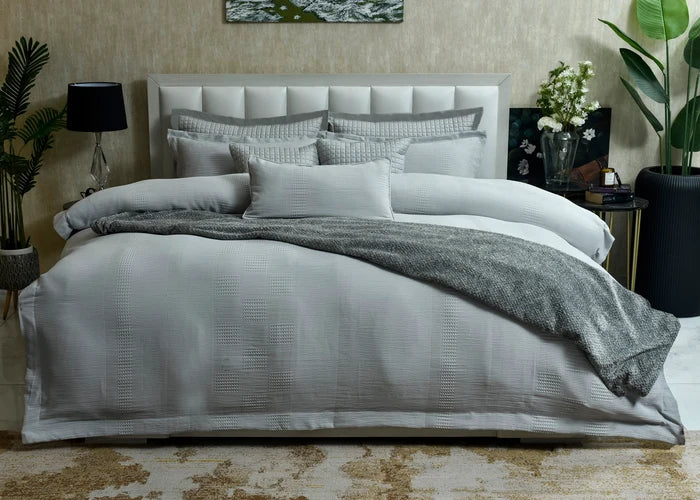 Grey and white 9-piece duvet cover set with quilted pillow shams and bedspread