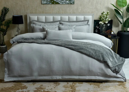 Grey and white 9-piece duvet cover set with quilted pillow shams and bedspread