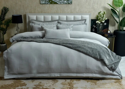 Grey and white 9-piece duvet cover set with quilted pillow shams and bedspread