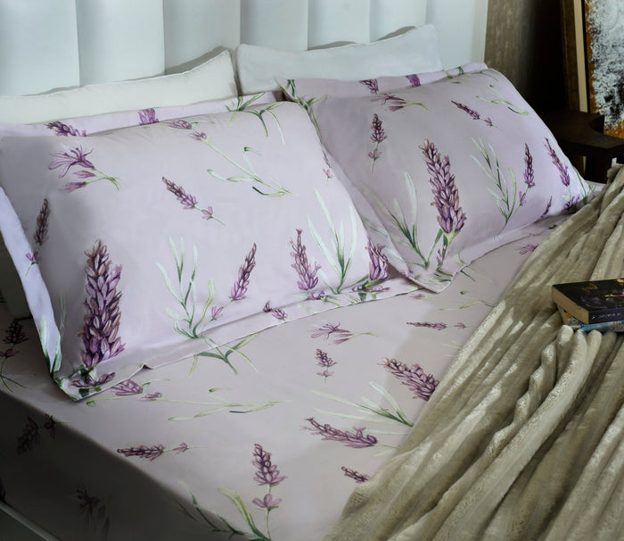 Lilac microfiber bed sheet with lavender sprig floral print and matching pillowcase