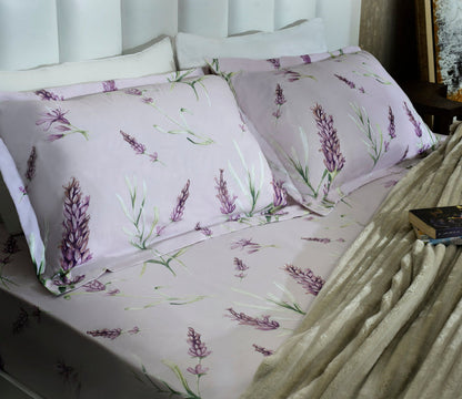 Lilac microfiber bed sheet with lavender sprig floral print and matching pillowcase