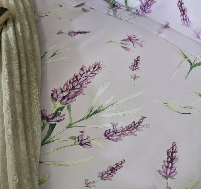 Lilac microfiber bed sheet close-up with purple lavender sprig floral print
