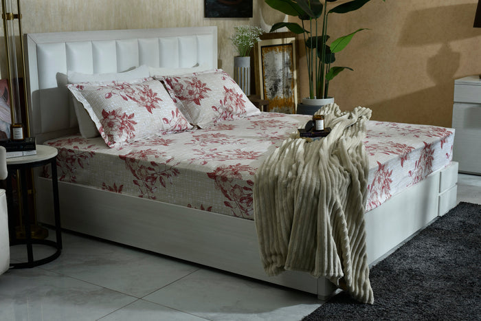 Cherry floral microfiber bed sheet with red blossoms on light beige background