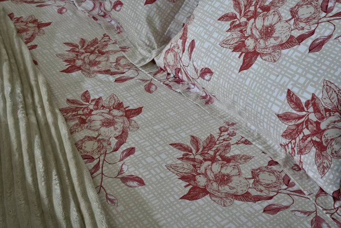 Cherry print microfiber bed sheet with red flowers and leaves on light background