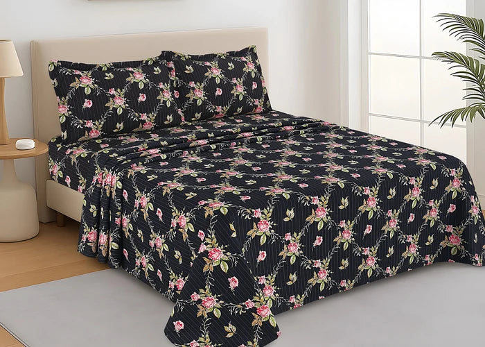 Black cotton floral bed sheet set with rose-and-leaf print and striped texture