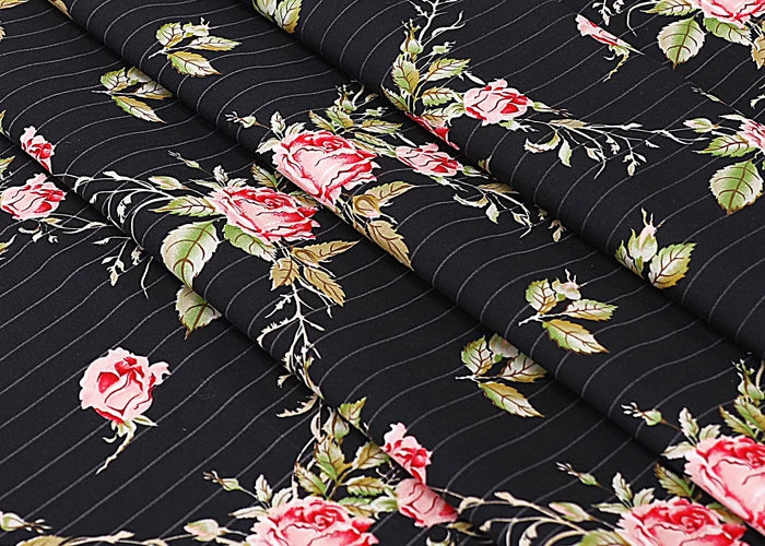 Black cotton bed sheet fabric with rose floral pattern and fine white pin stripes