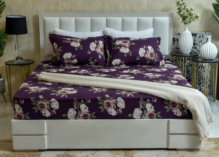 Purple microfiber bed sheet set with pink and white rose floral pattern