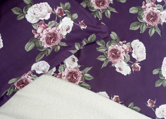 Purple microfiber bed sheet fabric with pink rose and green leaf pattern
