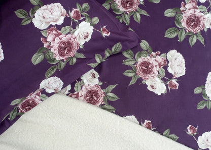 Purple microfiber bed sheet fabric with pink rose and green leaf pattern