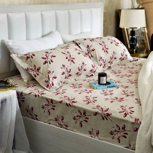 Microfiber bed sheet with white base and red cherry floral pattern