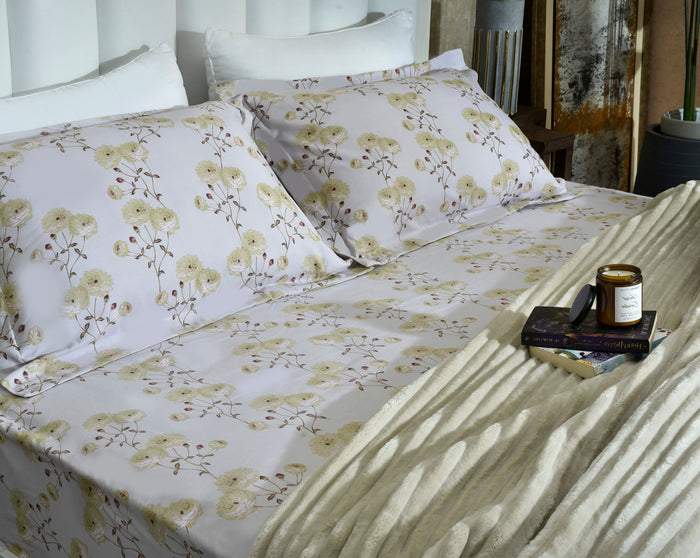 Floral micro fiber bed sheet with matching pillowcases and striped throw