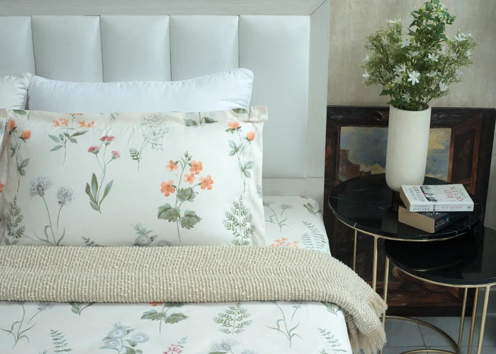 Cotton cream floral bed sheet set with pillowcase and neatly folded corner
