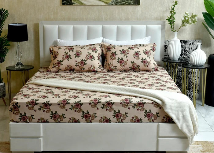 Cream microfiber floral bed sheet set with pink rose print and 2 pillow shams
