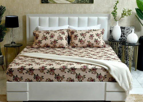 Cream microfiber floral bed sheet set with pink rose print and 2 pillow shams