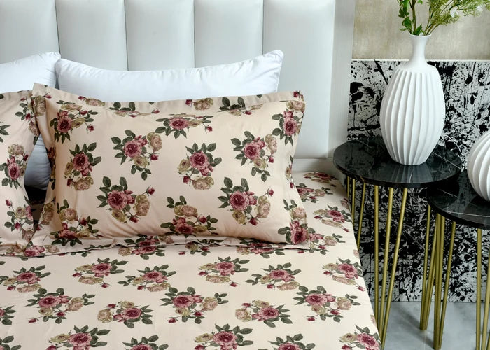 Cream microfiber rose floral bed sheet with matching pillow shams