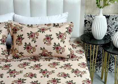 Cream microfiber rose floral bed sheet with matching pillow shams