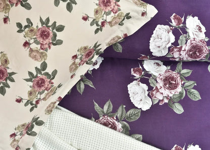 Cream microfiber rose floral bed sheet corner with decorative trim
