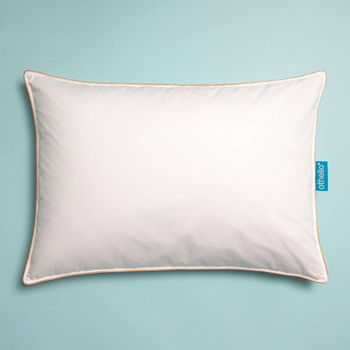 White down-filled pillow with orange-trimmed border and neatly stitched edges.