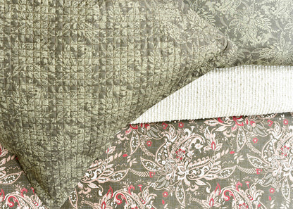 Quilted olive euro sham cover close-up with diamond stitching and stitched edge