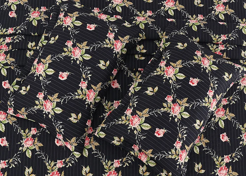 Black cotton pillow cover fabric with floral vine print and fine pinstripe texture